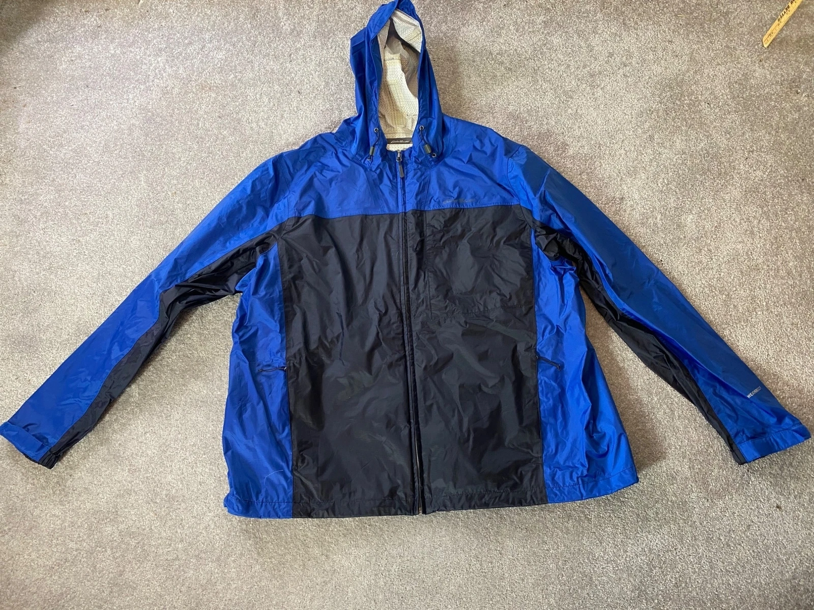 Eddie Bauer Mens Windbreaker Jacket Hood Blue & Black Water-Resistant 2XL