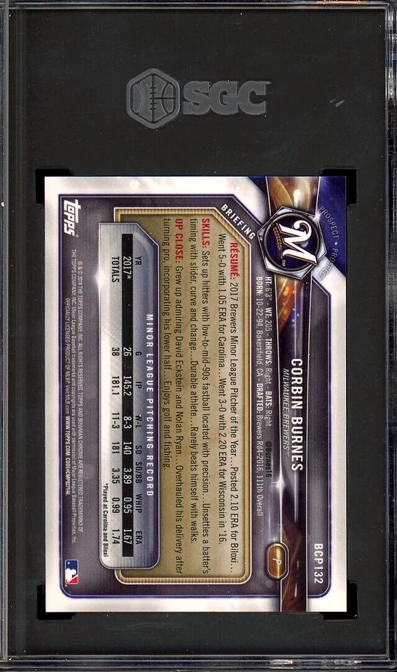 POP 1 2018 Bowman Chrome Corbin Burnes /25 Orange Refractor #BCP132 SGC 10 - Image 2 of 2