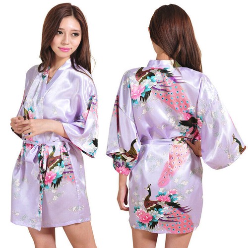 UK Peacock Satin Robe Wedding Bridesmaid Kimono Dressing Gown Sleepwear Bathrobe - Picture 2 of 21