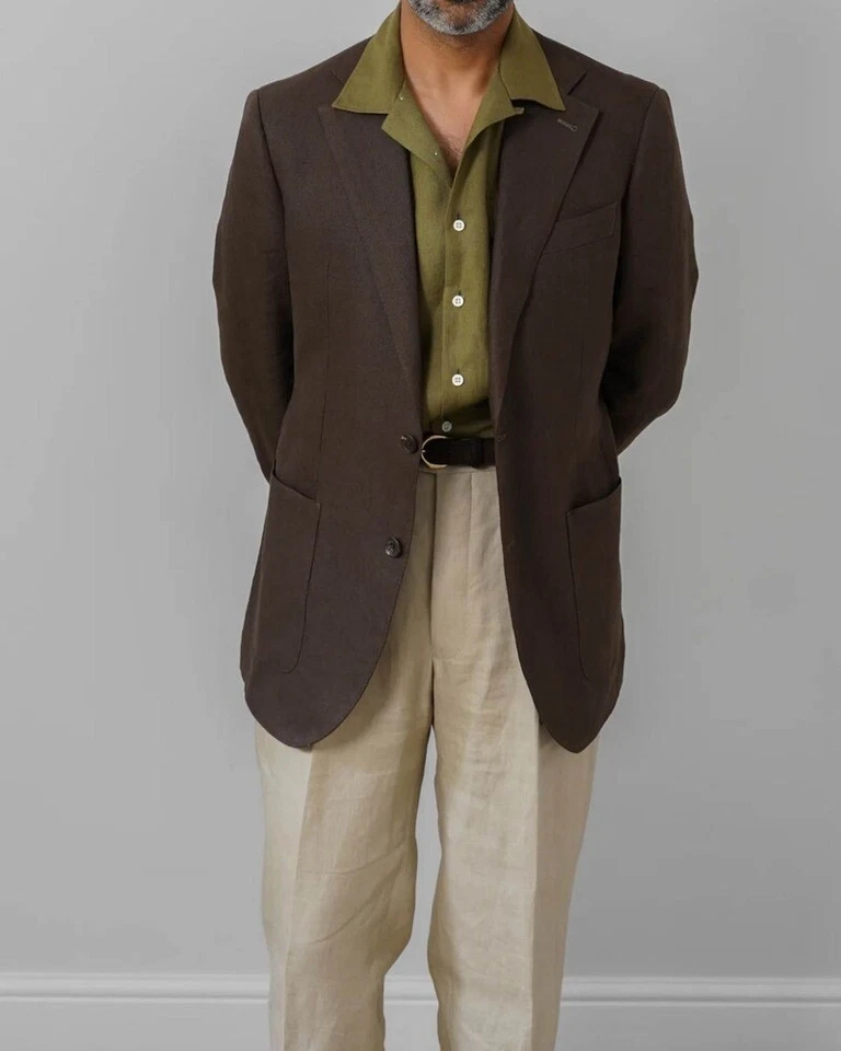 Men's Summer Coffee Linen Suits 2 Piece Regular Fit Wide Lapel Suits 42r 44r 46r - Image 2 of 4