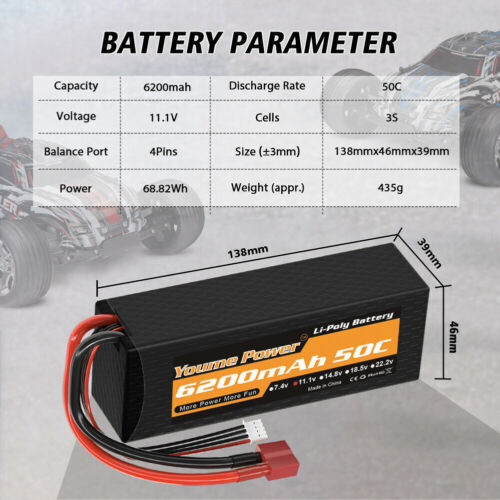 2 pezzi 11,1 V 3S 6200 mAh 50 C batteria Lipo custodia rigida Deans per RC auto e camion - Foto 2 di 6