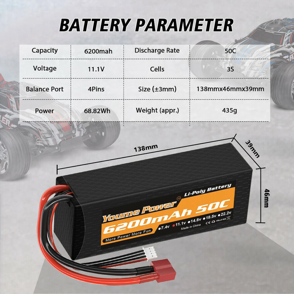 2 Stück 11,1V 3S 6200mAh 50C Lipo Akku Hardcase Deans für RC Auto & LKW - Bild 2 von 4