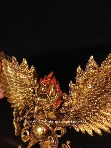 7" Old Tibet Buddhism Copper Gilt Redpoll Winged Garuda Bird Eagle Buddha Statue - Picture 5 of 9