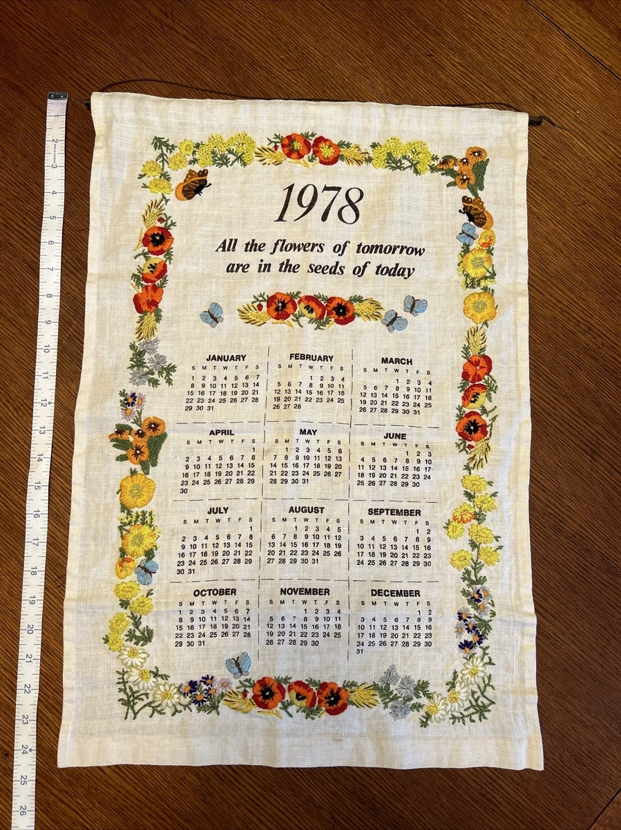 1978 VINTAGE FABRIC WALL HANGING CALENDAR HAND EMBROIDERY FLORAL LINEN | eBay 1978-vintage-fabric-wall-hanging-calendar-hand-embroidery-floral-linen-ebay