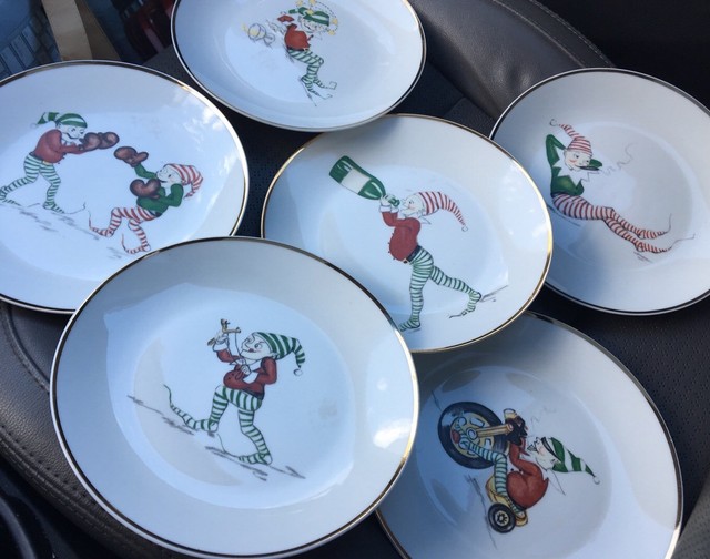 6 Restoration Hardware NAUGHTY ELVES ELF Plates Snack Vintage Christmas FASTSHIP | eBay