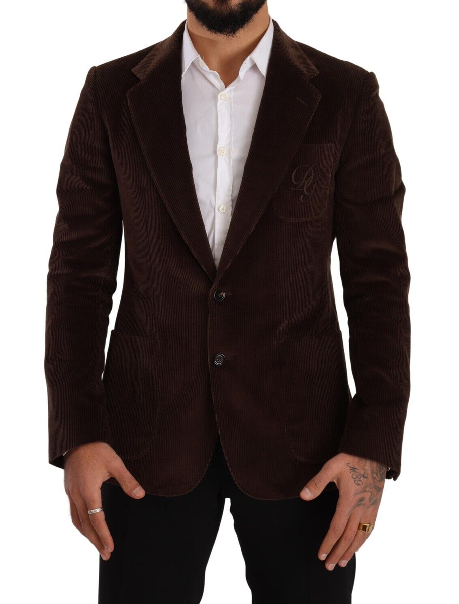 DOLCE & GABBANA Blazer Brown Corduroy Slim Fit Coat DG Logo IT50