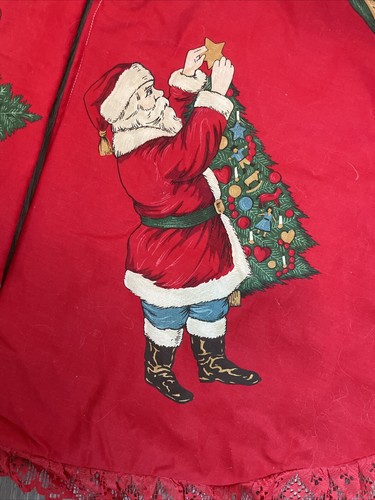 Vintage Handmade Cloth Stitched Santa Christmas Holiday Red Tree Skirt 34” - Picture 8 of 12