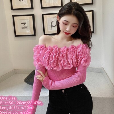 Damen 3D Rüschen Gestrickt T-Shirt Pullover Ruffles Basic Top Schulterfrei