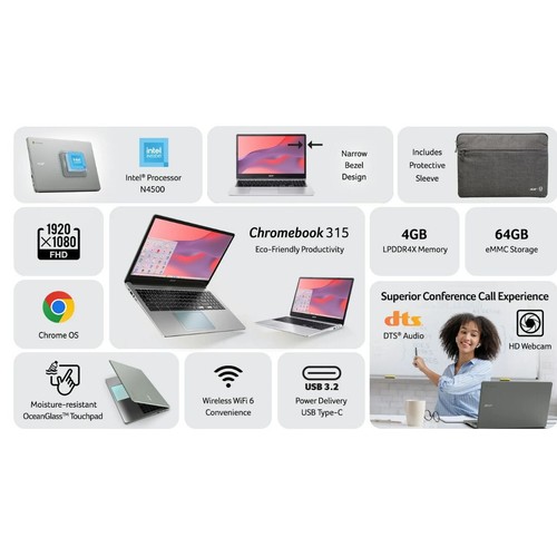 NEW Acer Chromebook 315 15.6 inch Laptop Intel Processor N4500 4GB RAM 64GB eMMC - Picture 2 of 2