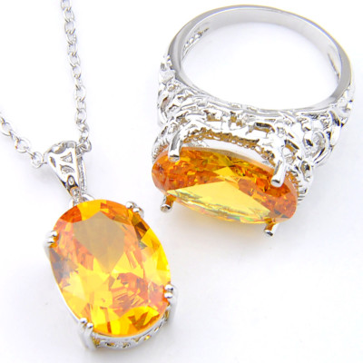 Wedding Jewelry Set Shiny Huge Golden Citrine Gemstone Silver Pendants Rings