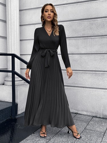 Women Casual Long Sleeve V-Neck Pleated A-Line Long Maxi Dress - Picture 10 of 24