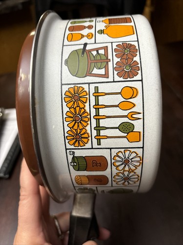 Vintage 1.5 Qt Enamelware Pot Retro 70’s Orange Green Flowers S&P Brown Lid 7.5” - Picture 14 of 15