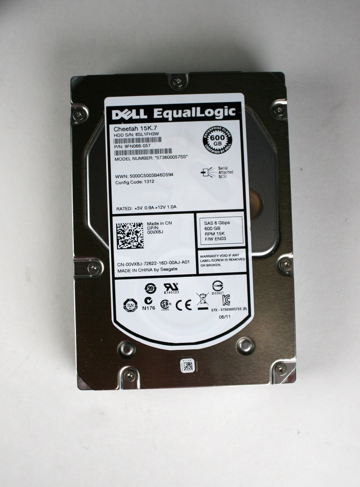 Dell EqualLogic 600GB 15k 3.5/" SAS HDD Seagate ST600057SS 9FN066-057 0VX8J tray