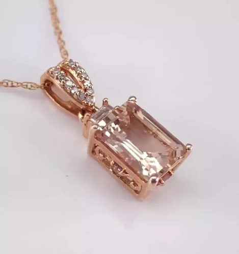 14k Rose Gold Finish 3Ct Morganite Lab-Created Emerald Cut Pendant 18 Inch Chain - Picture 3 of 5
