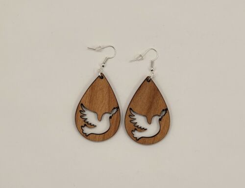 Peace Dove Laser Cut Alder Wood Earrings, Hook Style, Satin Finish