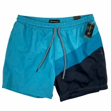New INC Sea Blue Colorblock Men's Size Large Drawstring 5" Quick Dry Swim Trunks