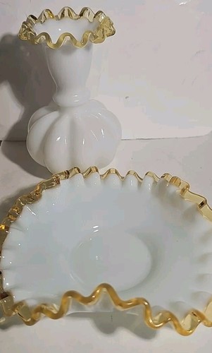 (2) Vintage Fenton Gold Crest Ruffled Candy Dish & Milk Glass Melon Vase Set - - Picture 12 of 12