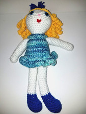 Amigurumi Crochet 14" Doll Multicolor Blue Dress Blue Booties Curly Yellow Hair
