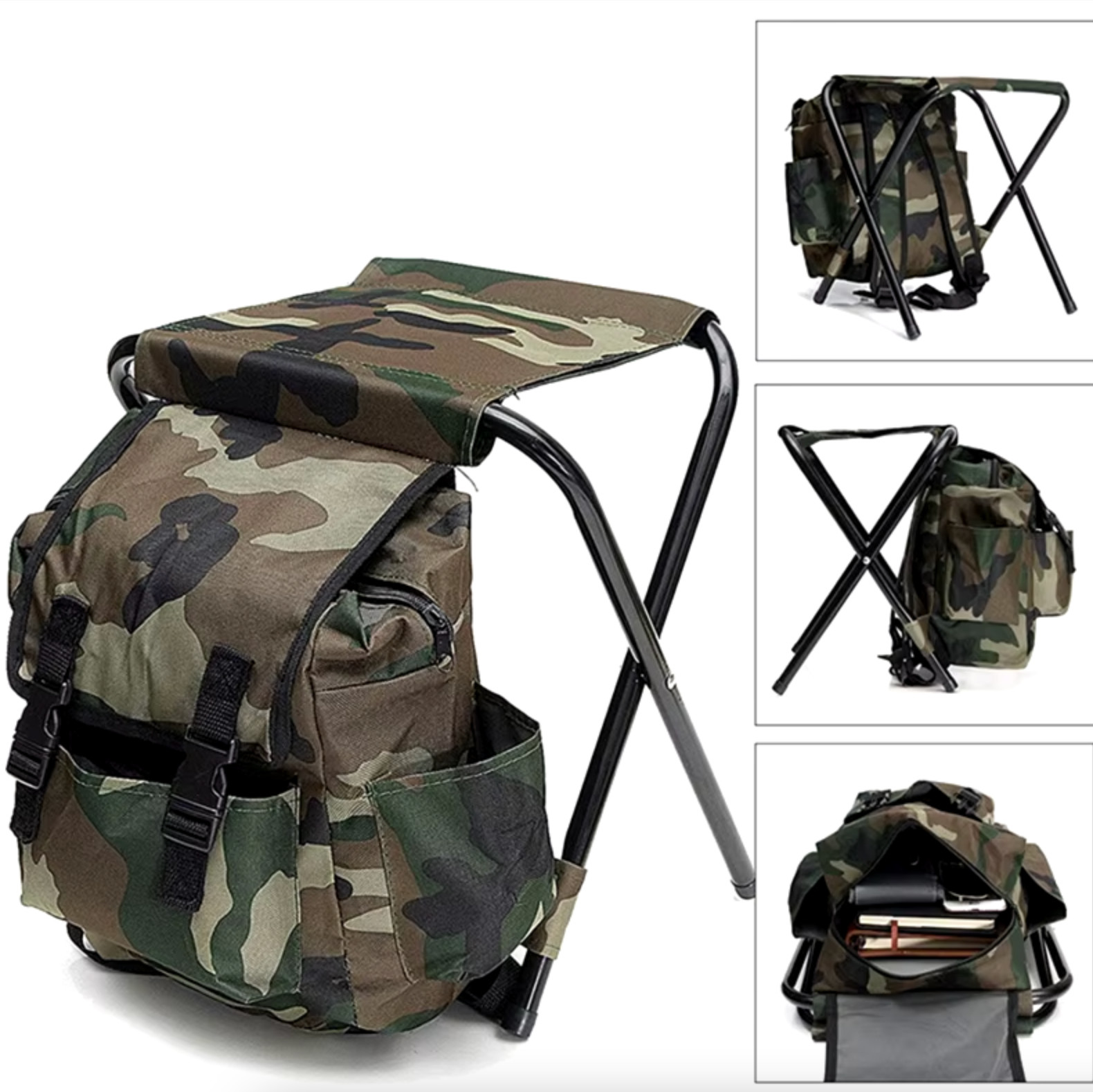 Chaise pliante de chasse camouflage et sac à dos léger pour vos week-ends de bivouac