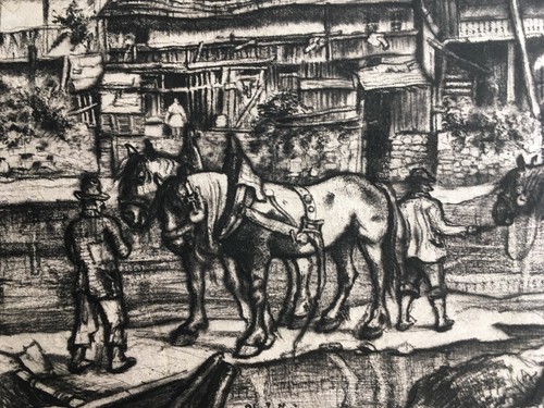 Adolf Jelínek Alex: A part of Crumlov town: horses with grooms/Dry-point of 1930 - Picture 5 of 6