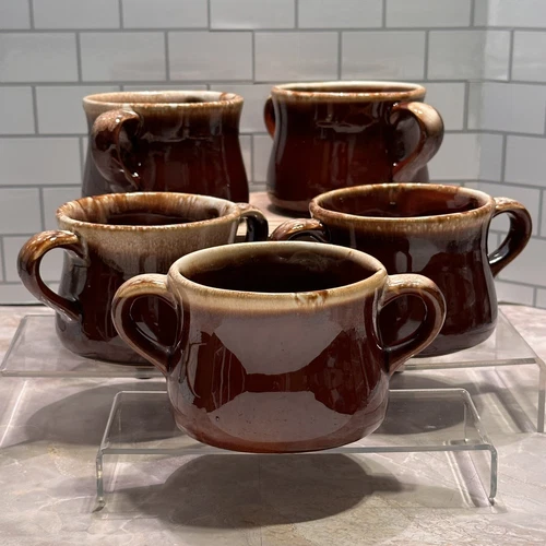 5 McCoy Brown Drip Glaze Two Handle Mugs French Onion Chili Soup Bowls Vintage