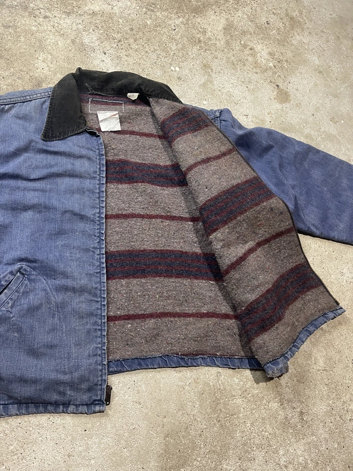 Chaqueta de Trabajo Forrada con Manta Denim Años 60 De Colección XL Ropa de Trabajo Troy Ferrocarril Desteñido EE. UU. Foto 3 de 4