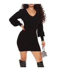 Fashion Nova Black Ribbed Knit V-Neck Puff Sleeve Mini Dress Plus Size 2X NWT