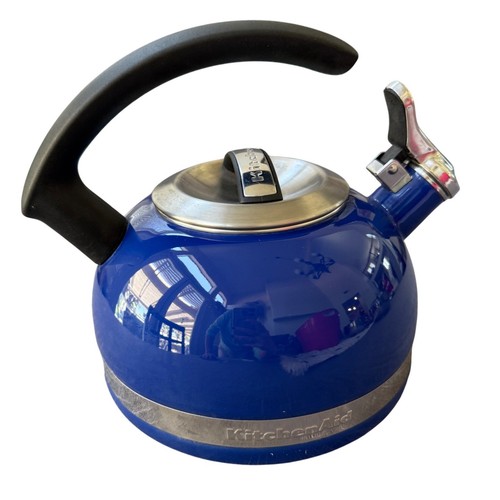 KitchenAid Blue Enamel Whistling Tea Kettle Teapot 2 Qt Stainless Trim C Handle