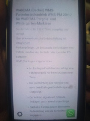 WAREMA (BEKER) WMS-Funkeinsteckantrieb WMS-PM 20/17 für Wintergarten Markisen