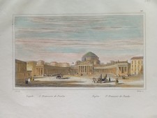 Incisione su acciaio antica acquerellata 1850 Veduta Napoli S Francesco di Paola