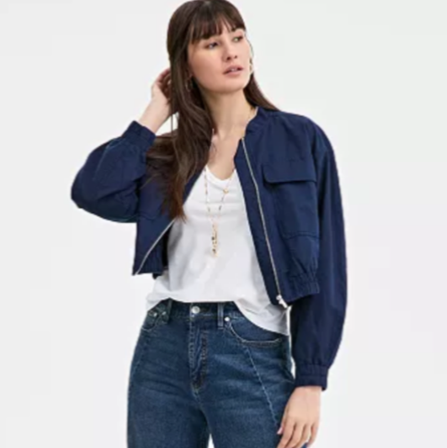 Chaqueta de bombardero utilitaria On 34th para mujer de lino y algodón talla M nueva con etiquetas azul marino corta con cremallera - Imagen 1 de 8