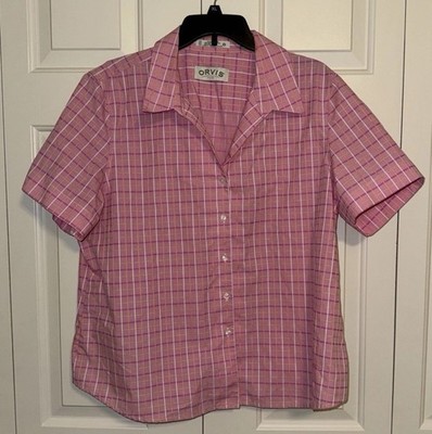 ORVIS Women s Size 20 Pink Plaid Wrinkle Resistant Short Sleeve Button-Up Shirt