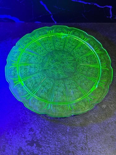 Vintage Cherry Blossom Green Uranium Footed Cake Plate 10.25" Depression Glass