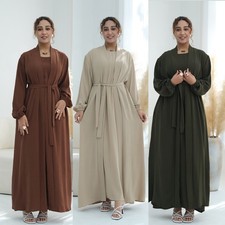Dubai Women Muslim Open Abaya Cardigan Inner Dress Sets 2 Piece Kaftan Kimono