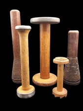 Antique Primitive Wooden Yarn Spools Spindles Lot of 5 Rustic Farmhouse Textile 