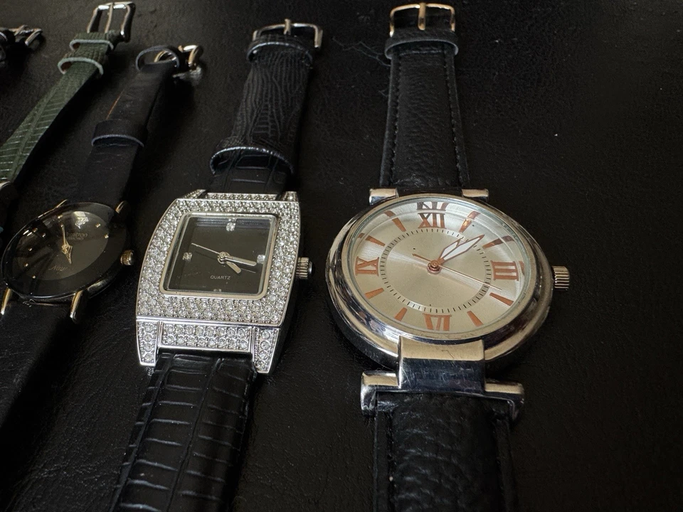 Lot Of 6 Woman’s Watches Untested, Genuine Leather Bands, Green And Black Mix - Image 2 of 4