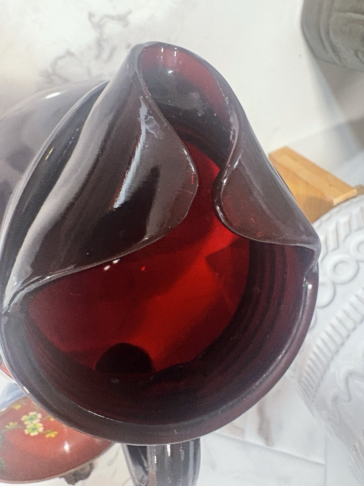 Vintage Anchor Hocking Glass Pitcher Royal Ruby Red Tilt Ball Ribbed 6" T