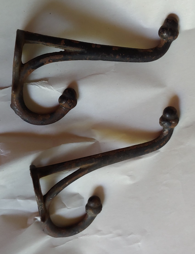 Pair Cast Iron Double Hooks Acorn Tips Coat Hat Salvage Hardware 4"