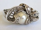 Vintage Ornate Hand Chased Sterling Silver Japanese Akoya Cultured Pearl Ring
