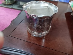 Antique Silverplated Shaving Mug W/ Intricate Embossing &initials. Ruffled RIM