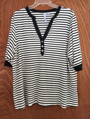 Grace + Karma Short Sleeve Plus Size 3XL Striped Black V Neck Ribbed Sweater