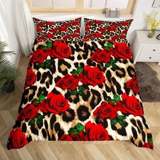 Leopard Print Duvet Cover King Size Rose Flower Bedding Set Kids Girls Women ...