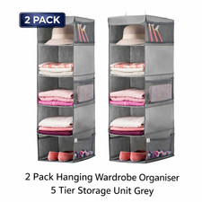 2 Pack Hanging Wardrobe Organiser 5 Tier Storage Unit Grey