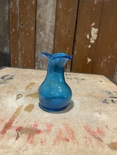 Vintage Crackle Glass Blue Bud Vase Ruffle Edge Handblown Flowers Home Decor