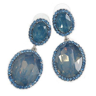 Milky Blue/ Sky Blue Oval Glass, Crystal Drop Earrings In Silver Tone - 55mm