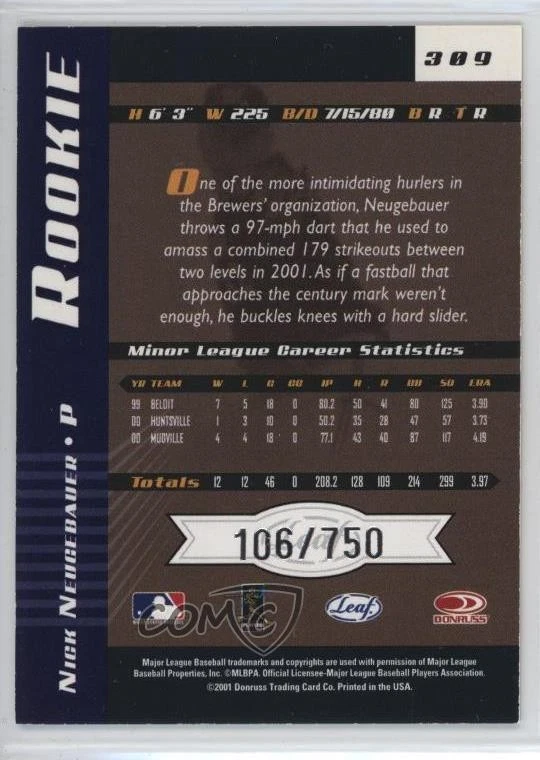 2001 Leaf Limited Rookie /750 Nick Neugebauer #309 Auto - Image 2 of 2