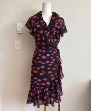 Vintage Y2K Betsey Johnson Wrap Dress 12 Large Lips Kiss Valentines Black Red