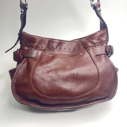 ~B MAKOWSKY Brown Leather Shoulder Bag w/Whip Stitch & Buckle Accents - Picture 2 of 12