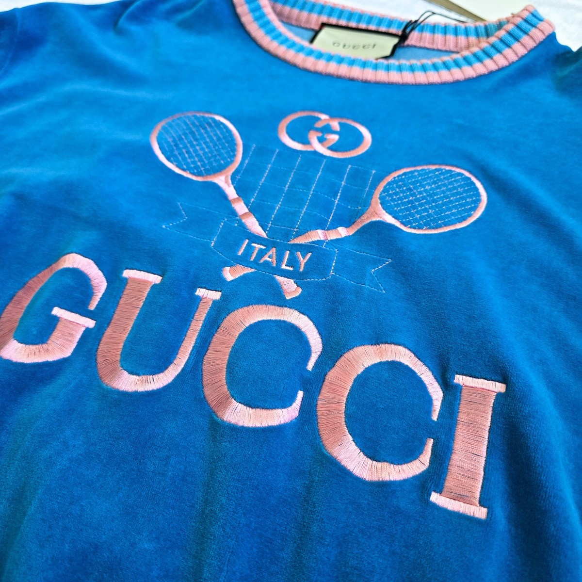 Gucci Tennis Racket Embroidered Velour Sweatsuit Blue | Size XS