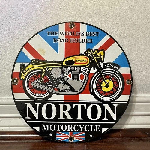 Vintage Norton Motorcycle Porcelain Enamel Advert Sign 11.75" Single Sided